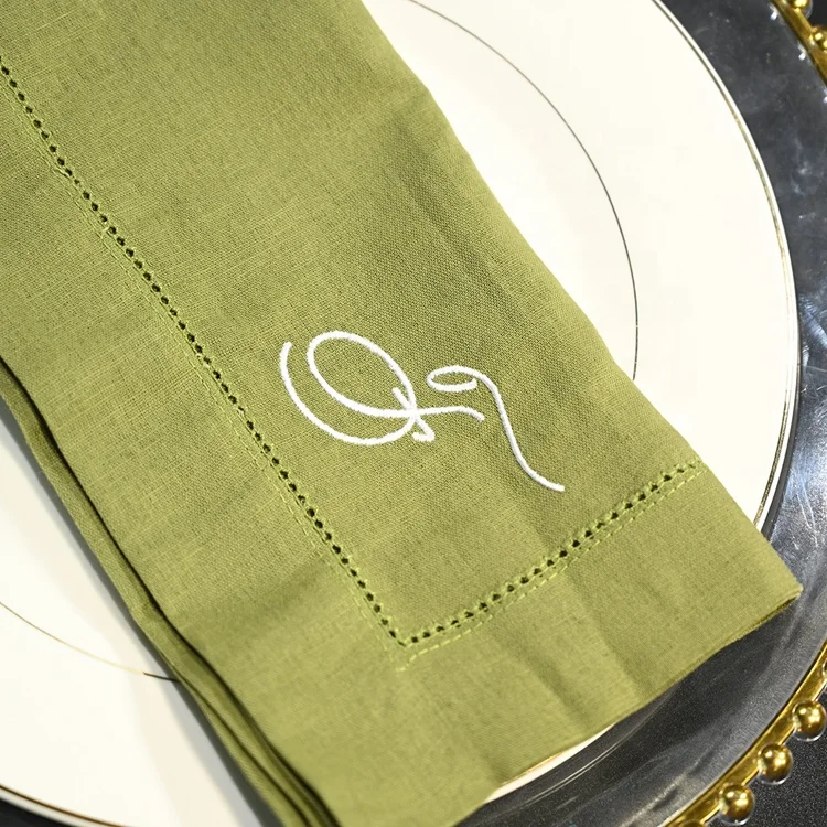 Woven Textile Home Cotton Linen Napkin Hemstitch Monogrammed Embroidered Linen Napkins for Restaurant