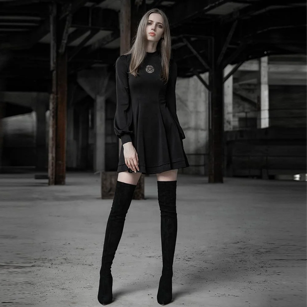 
OPQ456- PUNK RAVE Dark five-pointed star Dress (with Belt) party elegant black dress excellent quality party fancy dress 