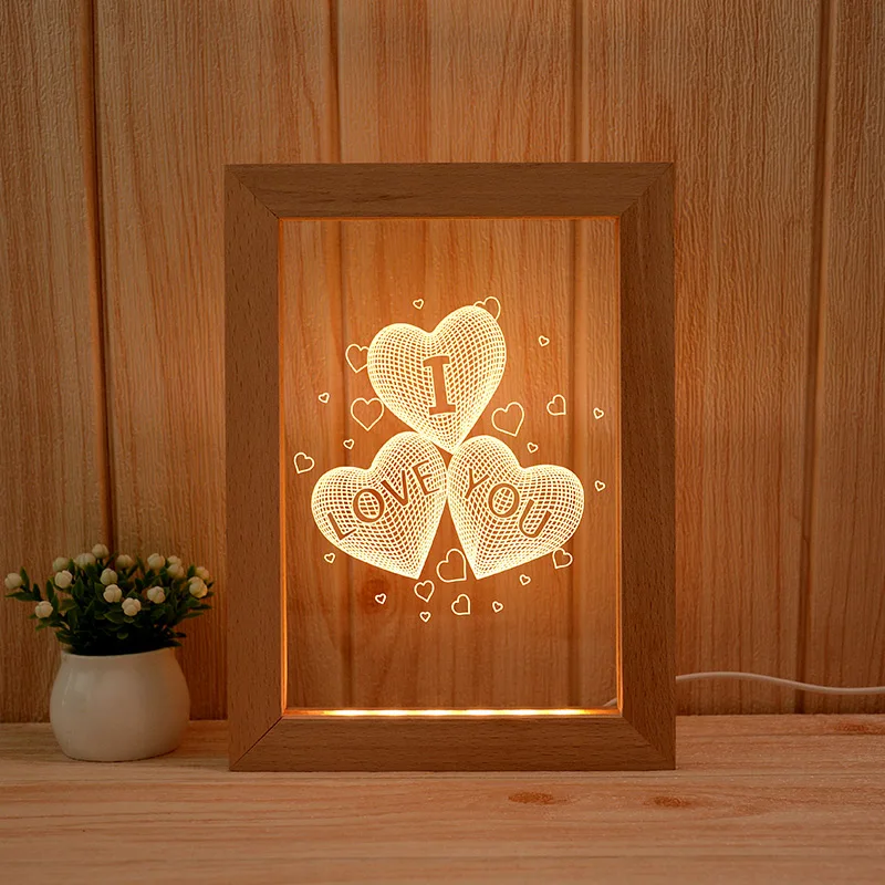 Wholesale  factory  Solid Wood LED Photo Light Table Desk Modern Style 3D Wood Frame Night Light Lamp