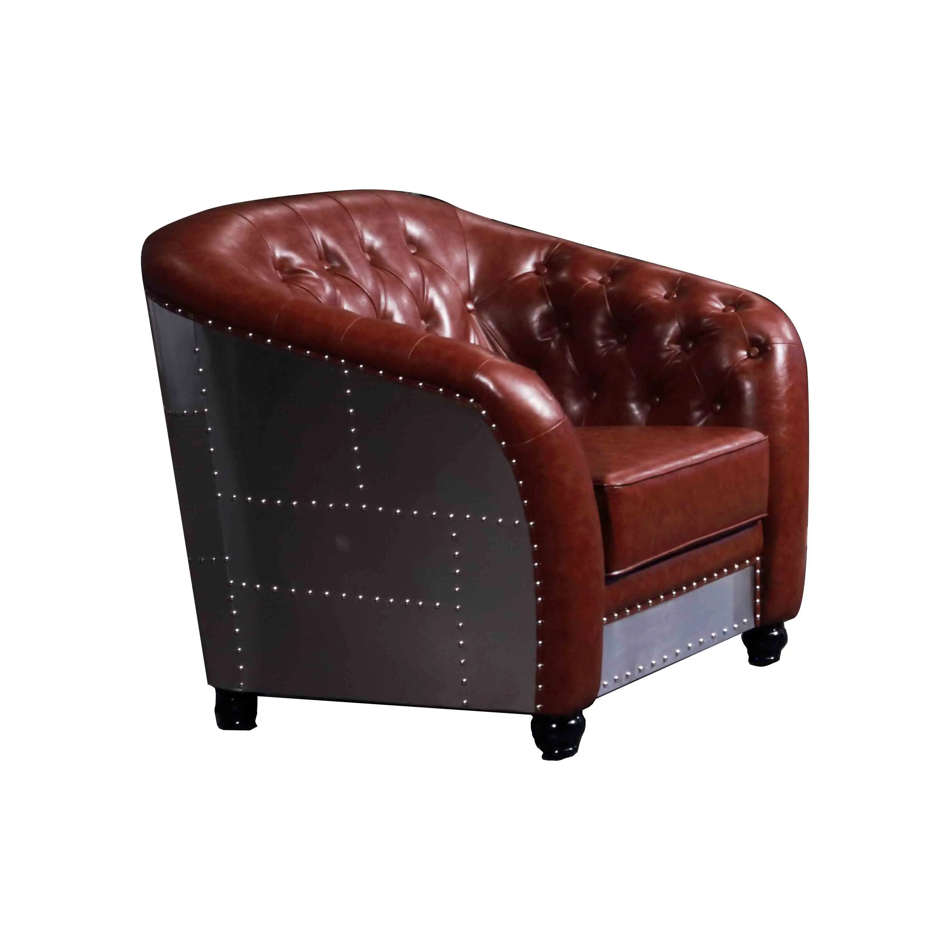 Vintage Brown Leather Aviator Aluminum Single Sofa Chair Living Room Hotel Lobby Armchair Chesterfield Sofa
