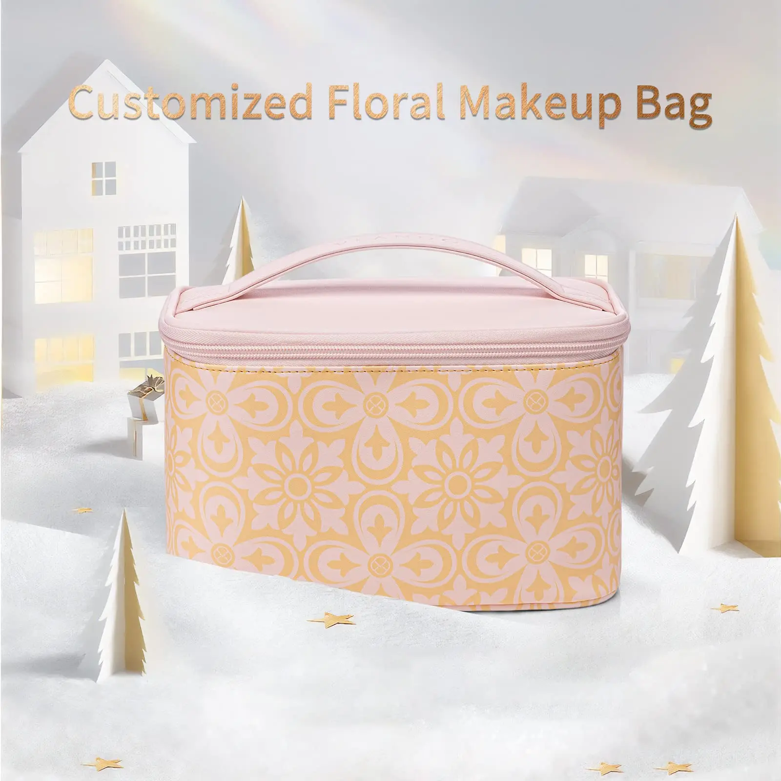 New Custom Leather Waterproof Cosmetic Bag Floral Pu Leather Cosmetic Bags Large capacity Makeup Organizers
