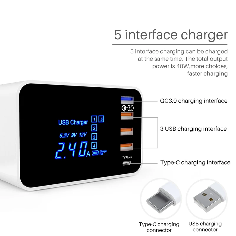 
40W charging cables QC 3.0 quick charger folding design usb multi charger charging for phone/ipad charger smart 
