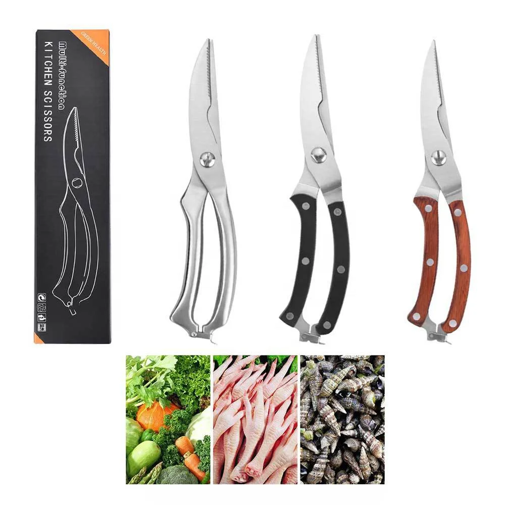 Hot Sale Wooden Handle Kitchen Scissor 304 Stainless Steel Strong Super Sharp Chicken Bone Scissors