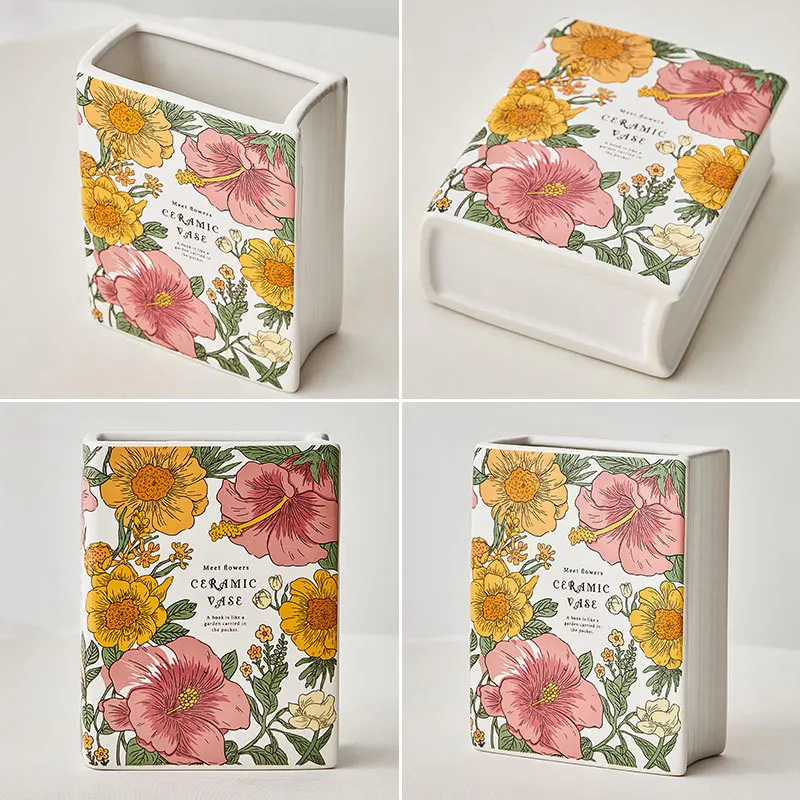 Factory wholesale luxury Nordic style ceramic book vase with flowers for home decor wedding living room table