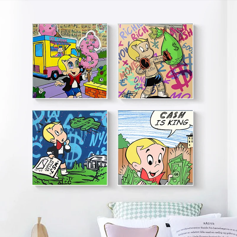 Funny Cartoon Cash is King Get Rich little Boy Wall Art Pictures For Home Decor Cuadros Living Room Decoration Canvas painting