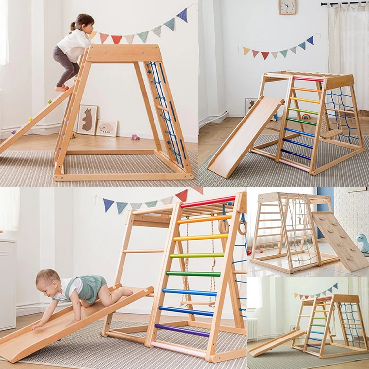 Indoor Wooden Slide And Swing Set Wooden Indoor Climbing Frame Kids Playground Equipment Wooden Climbing Wall Toys
