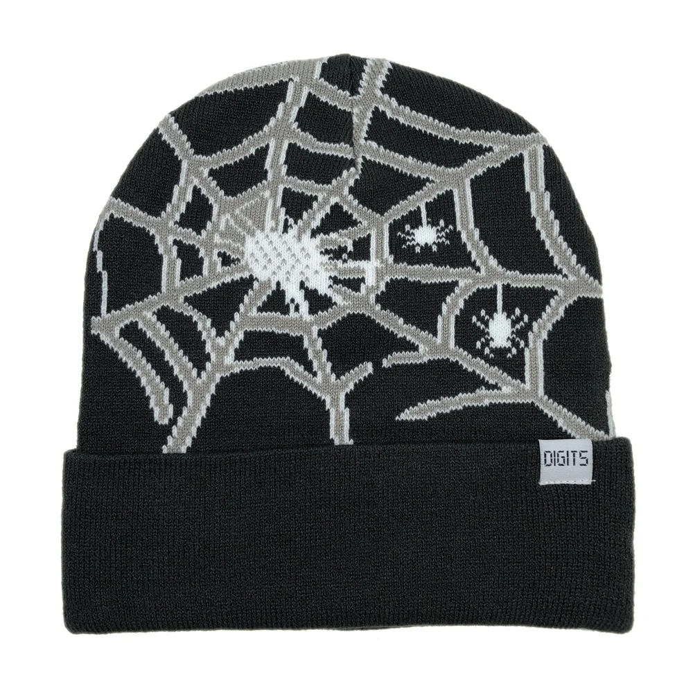 OEM acrylic outdoor streetwear folding winter knit hat with woven label logo custom full jacquard spider beanie