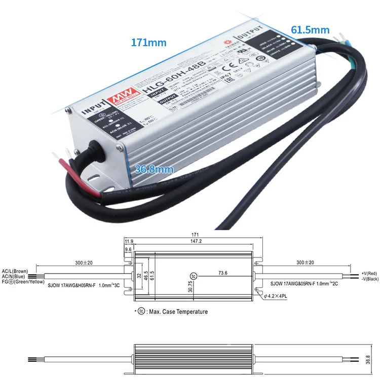 Mean Well HLG-60H-36 Led Driver Life 60W Led Driver 36V Ip67 Led Lighting Drivers Mean Well