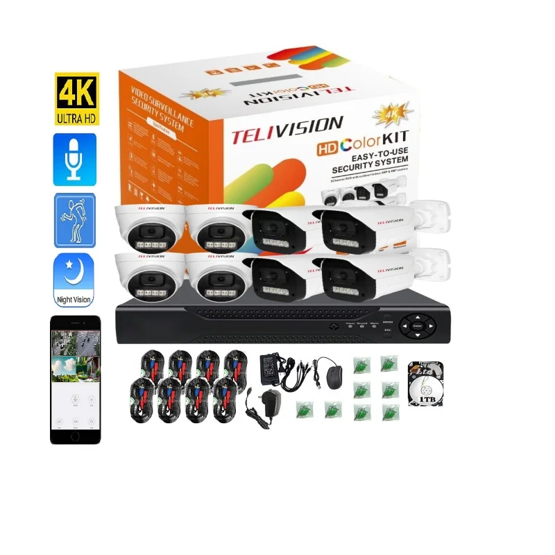 Hot 8CH 3MP audio 4K 4 outdoor 4 indoor DVR with 1TB  kit CCTV camera Mobile network remote monitoring security camera system