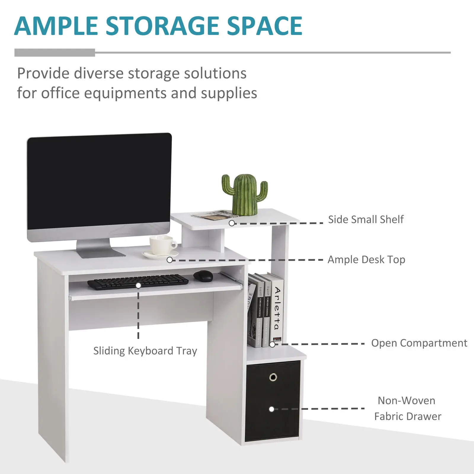 Computer Desk with Sliding Keyboard Tray Storage Drawer Shelf Workstation White