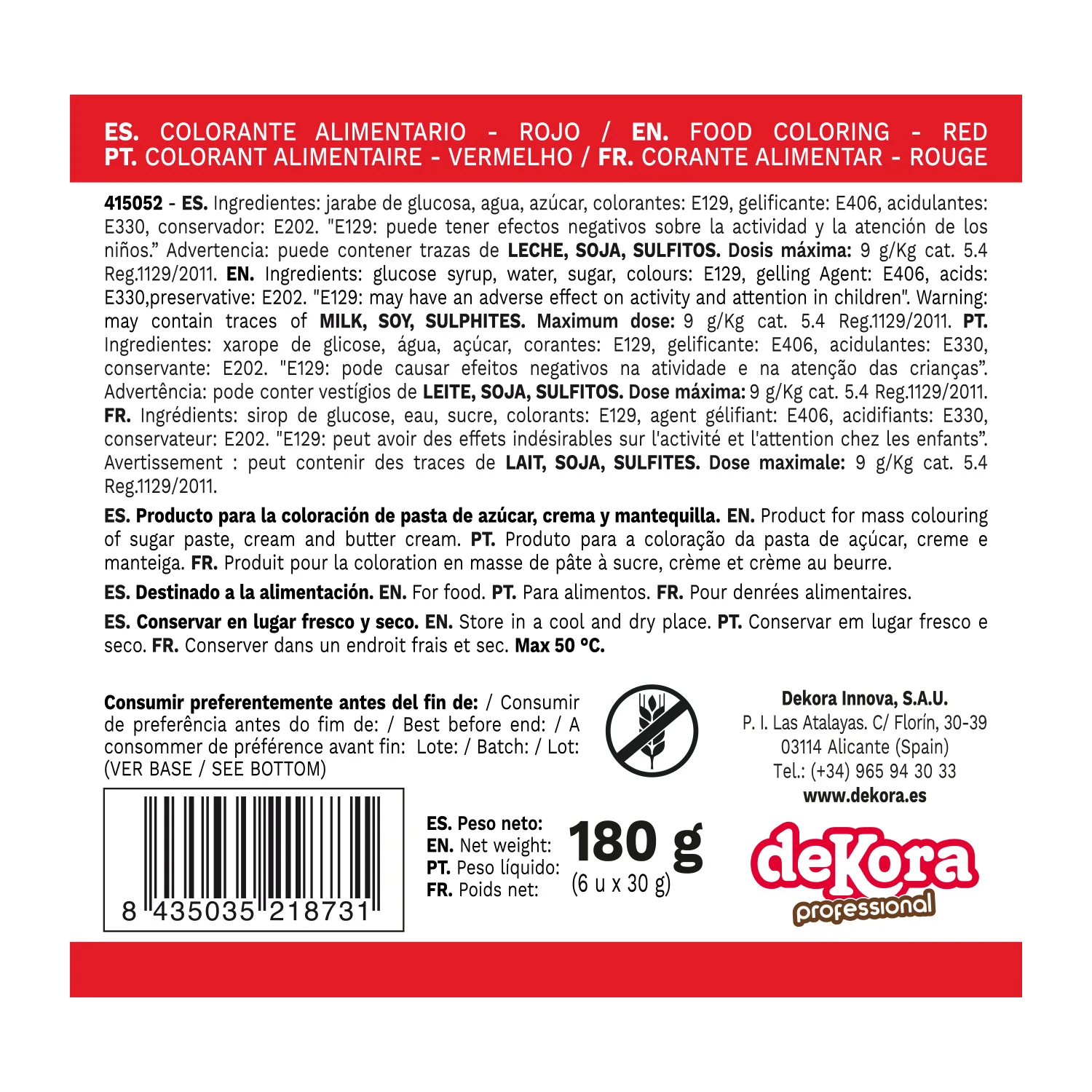 Dekora Brand Concentrated Thick-Textured Paste Colorant Set 6 Food Colouring Paste Red Color 30Gram Per Bottle