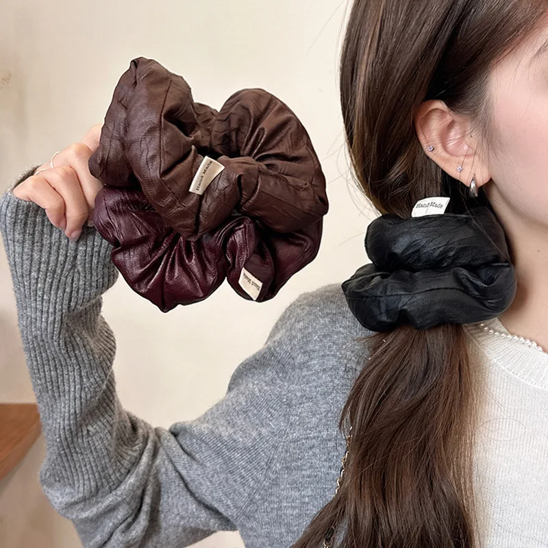 Fashion Oversized XL large Sponge Puffy Scrunchies Brown Color PU Leather Hair Band Women 2024 Fall Winter New Design Accessory
