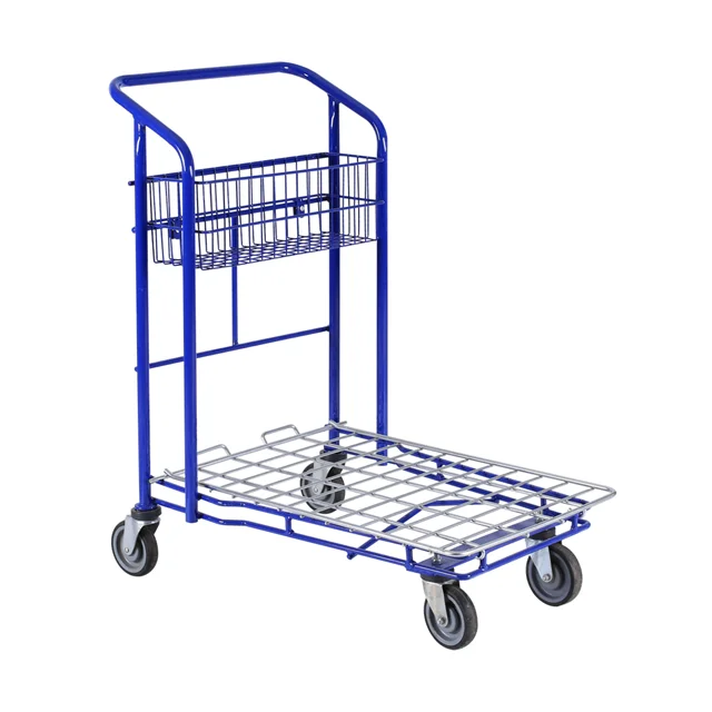 KAIJIA 2-tier metal folding shopping cart warehouse transport steel cargo logistic trolley flat trolley