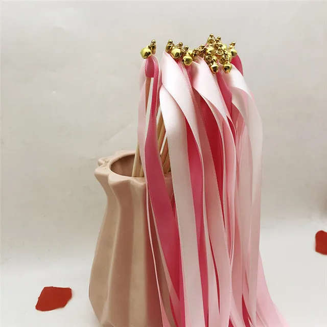 Hot Selling Party Supplies Colorful Satin Ribbon Stick Lace Wedding ribbon Wands with Golden Bells Wedding Decoration