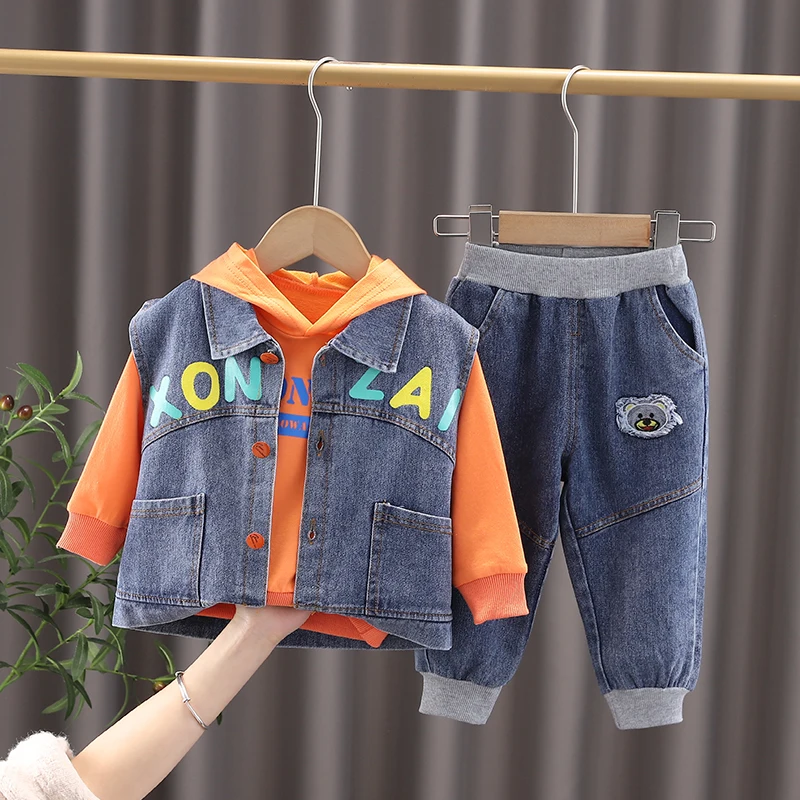 vetement enfants kids Denim vest jacket+Long sleeve shirt+jeans 	+kids hoodies Jean jacket and jeans
