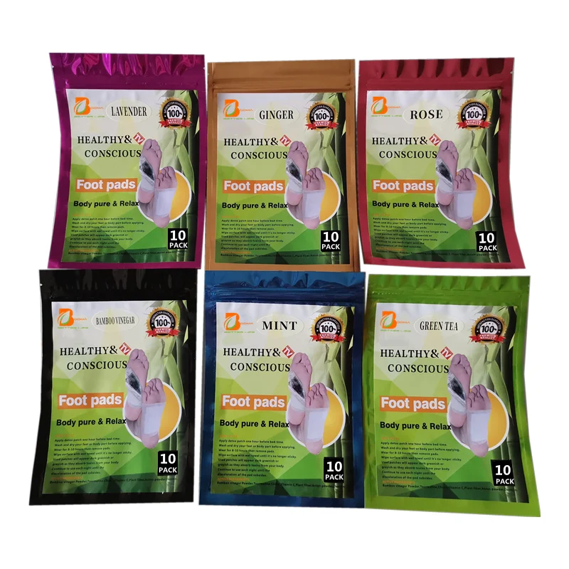 Color Bag Foot Patch 10PCS With Your Logo 100% Natural Herbal Bamboo Vinegar Lavender Rose Green-tea Mint Ginger Foot Detox Pads