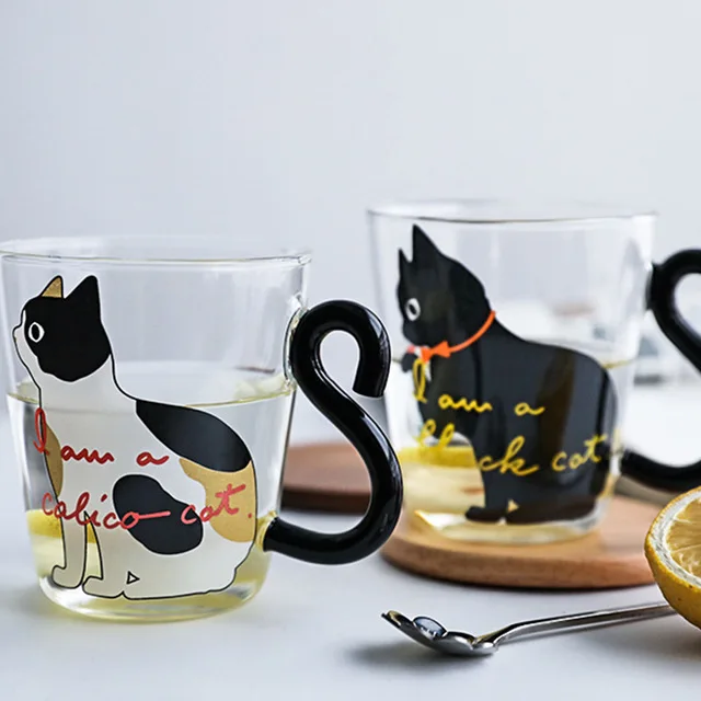 Cartoon cat tail handle drinking glass cup, heat resistant coffee mug wholesale