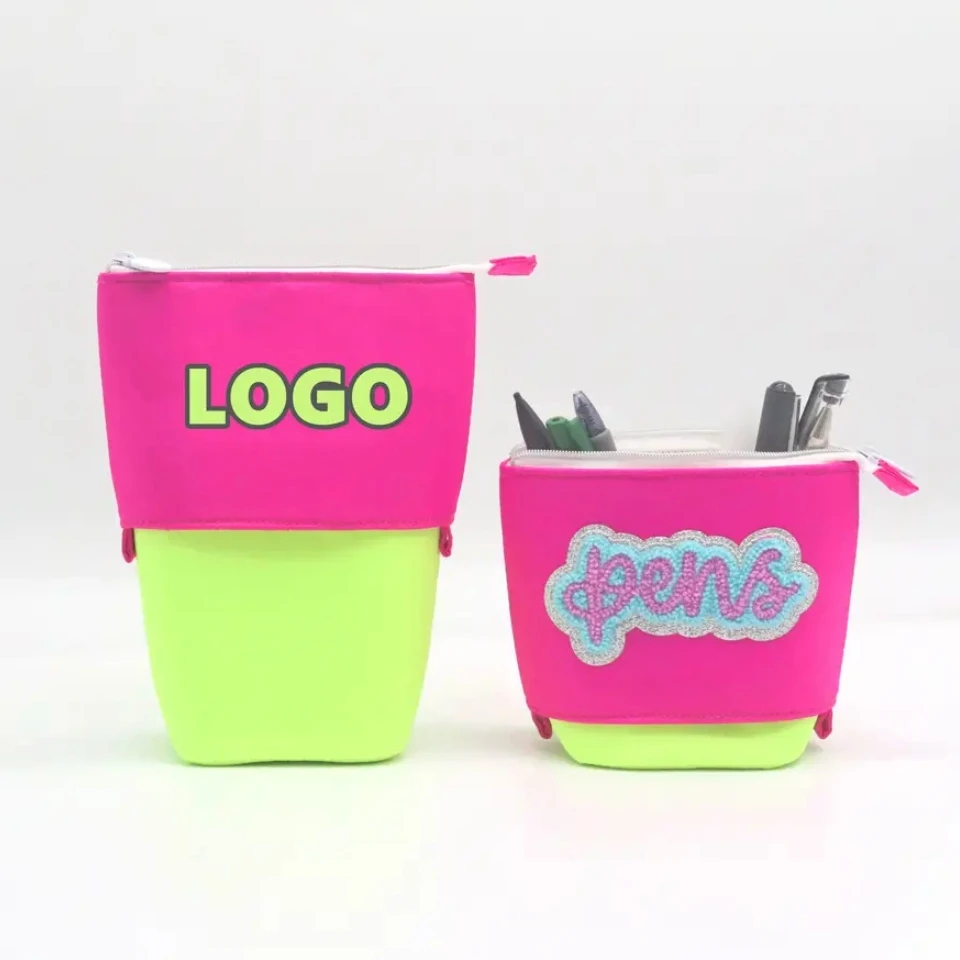 Hot Sale Popular Nylon Retractable Pencil Pouch Eye-catching Pink Green Nylon Stitching Pop-up Pencil Case Bag