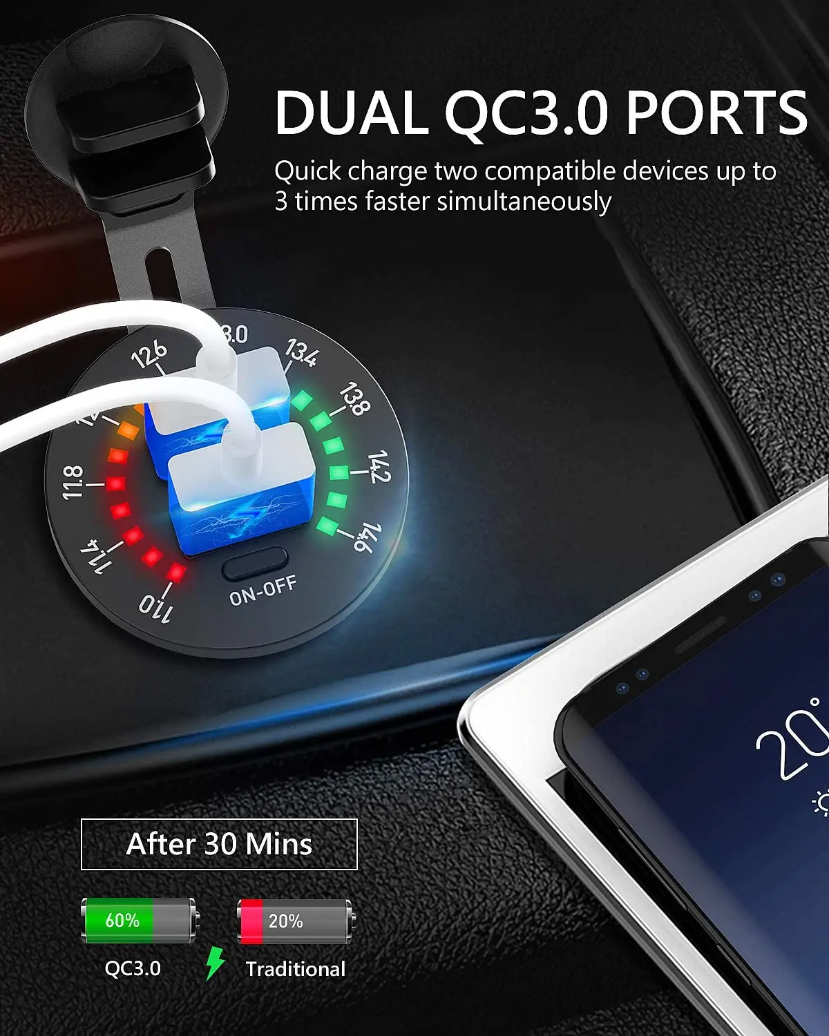 Quick Charge 3 0 Dual USB Автомобильное зарядное устройство розетка с Вольтметр и переключатель водонепроницаемый 36 Вт 6A 12V