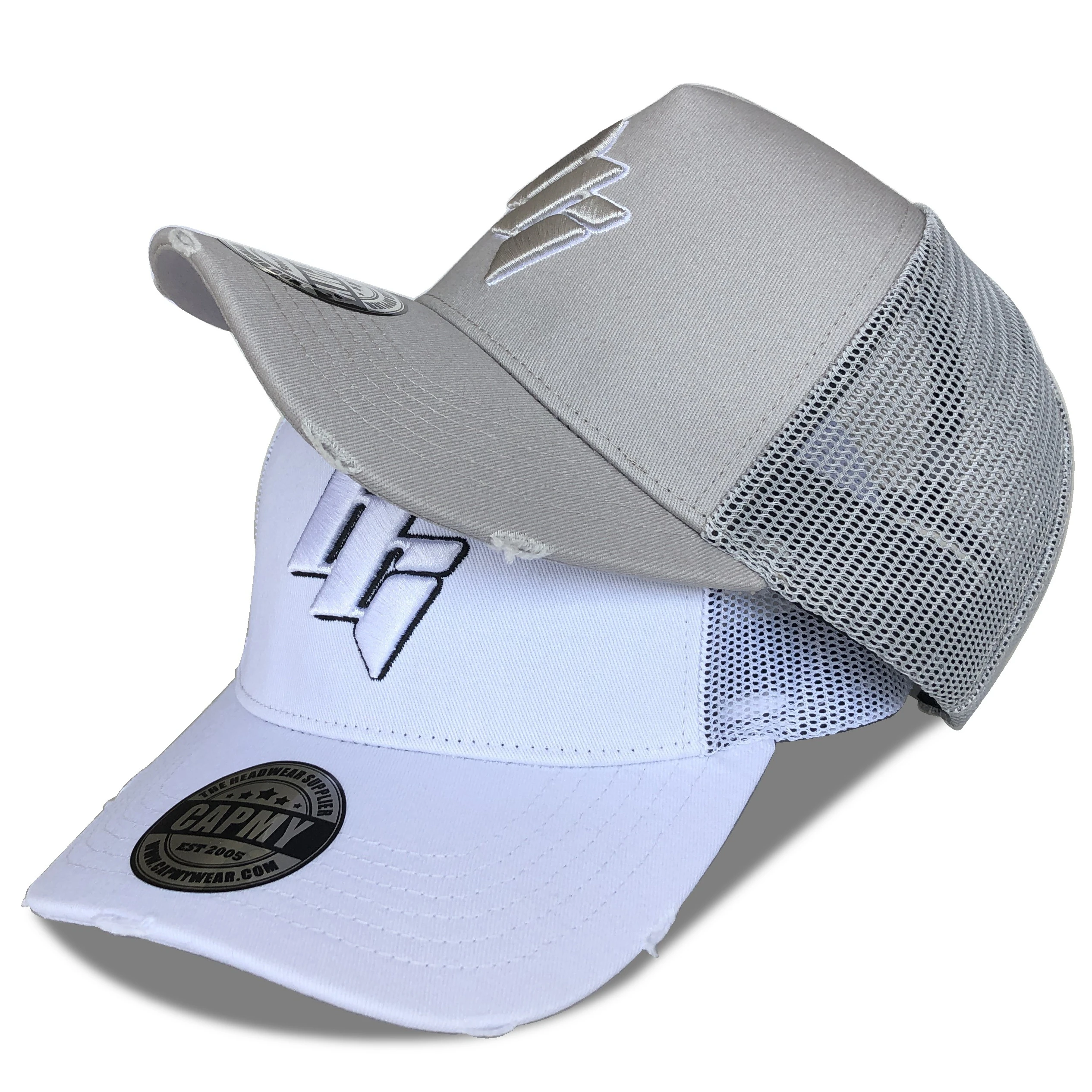 Professional Custom Grey Brown Baseball Trucker Hats Caps Mens 5 Panel 3d Embroidery Logo Distressed Rip Vintage Trucker Cap Hat