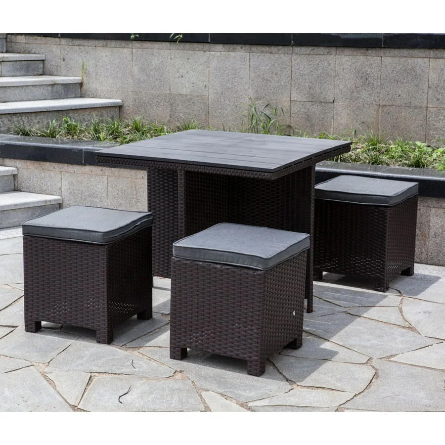 Wood Slat Dining Set Plastic wood Table Footstools Simple Design Outdoor Furniture Garden Rattan Sofa Set