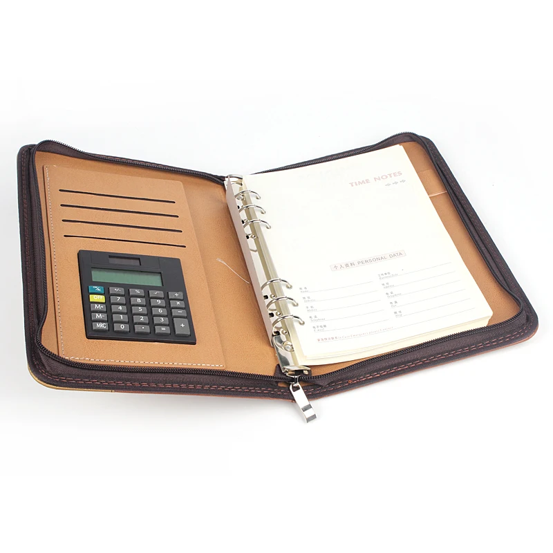 A5 Business Style Loose-leaf Notebook Zipper PU Leather Journal Diary with Calculator Writing Printed Promotion