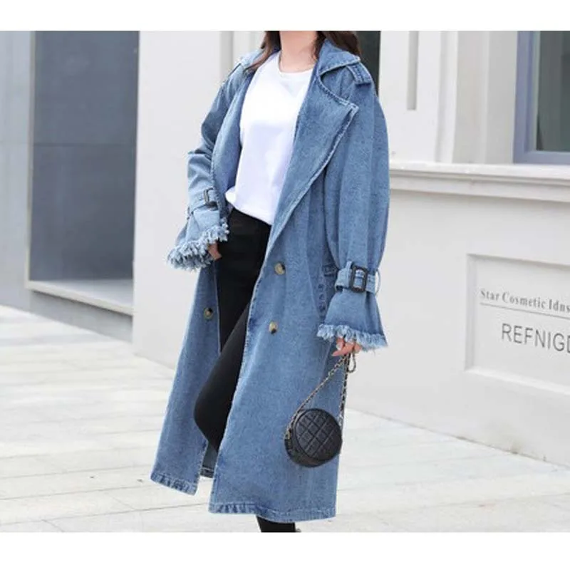 New arrival design womens long denim coat belt belt lapel ladies denim overcoat
