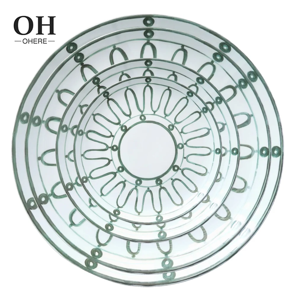 Dark green graffiti design decal Bone China Simple brush sun pattern high qualtity porcelain Microwave Dishwasher safe to use