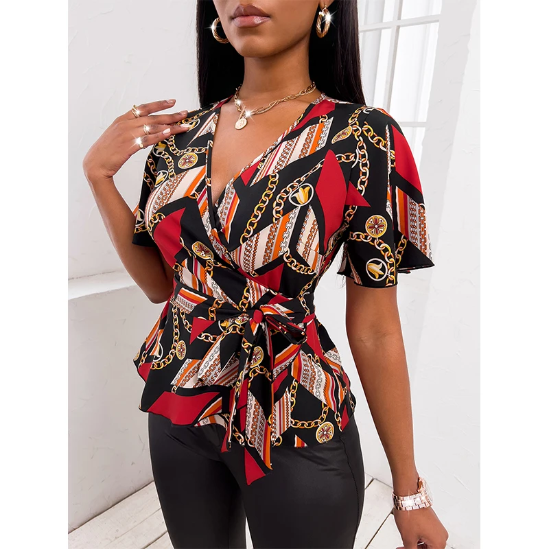 2022 new collection deep v neck short sleeve mature women printing slim bow flared hemline sexy blouse tops