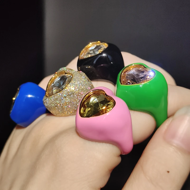 New Zircon Drip Enamel Heart Love Gemstone Rings Sparkling Crystal Opening Ring Earring Sets for Women Girls Party Jewelry 2022