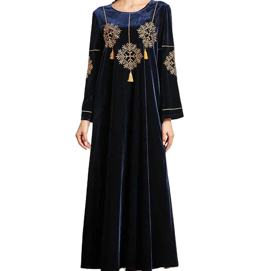 New Muslim Arabic Embroidery Velvet Pakistani Turkey Dubai Abaya Print Long Sleeve Islamic Clothing Ramadan Women Modest Dress