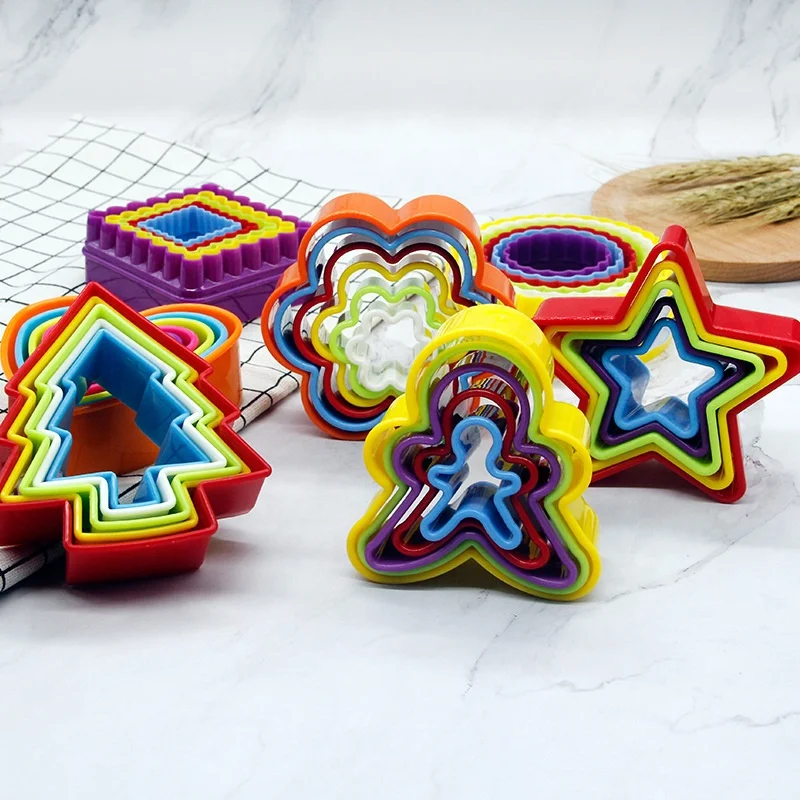 5Pcs/Set ABS Plastic Colorful Flower Round Square XMAS Tree Shape Sandwich Cookie Biscuit Cutter Mold Bake Tools