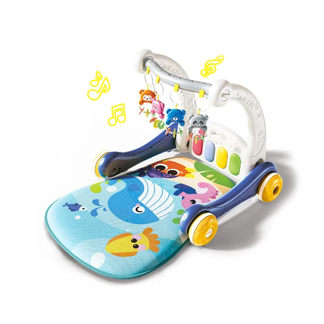 Cute rattle pendant gym rack pedal piano mat 2 in 1 toddler walker multifunction play mat for baby