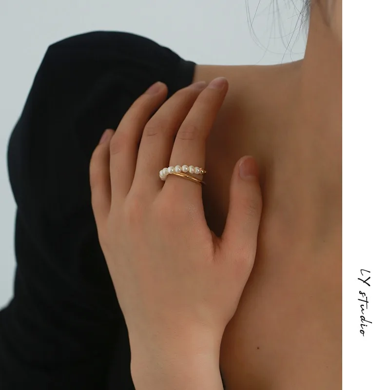 European Adjustable Pearl Ring Real Pearl Line Cross Ring Female Lady Style Gentle Design Stacking Jewelry Korean Metal Bulk