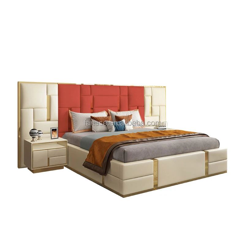 Modern Luxury King Size Bedroom Furniture Frame Royal Large Headboard Wood with Leather GENUINE Leather Bed Room Soft Bed 1 Set