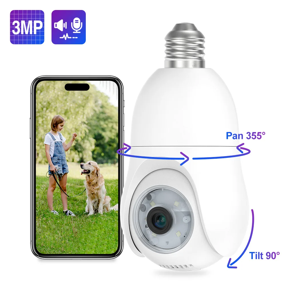 Techage 3MP H.265 4MM Lens Vicohome APP Pan Tilt 360 Degree Pet Detect Auto Human Track Light CCTV Bulb Security camera