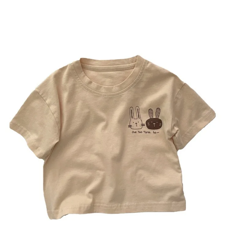 Wholesale Summer children 100 % cotton custom printed rabbit top baby solid color t shirt kids boy casual clothes Tops