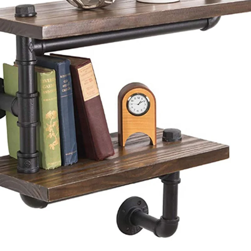 3-Layer Rustic  Zig Zag Style Shelf Wooden Wall Floating With Industrial Iron Black Pipe