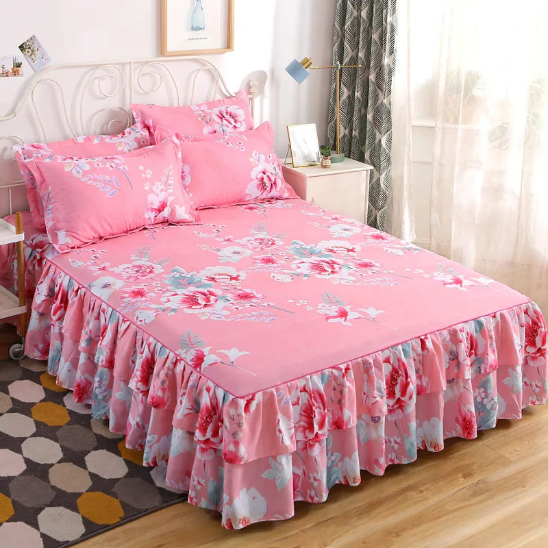 Bed Skirts Set Double Layer Bedspread Floral Printed Bed sheet Bilateral Bed Skirt + 2 Pair Of Pillowcase bedsheets