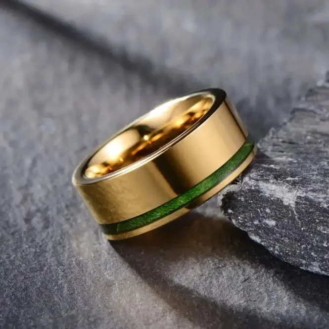 Оптовая цена 14K 18k позолоченное кольцо из карбида вольфрама инкрустация зеленое дерево для мужчин ювелирные изделия на палец