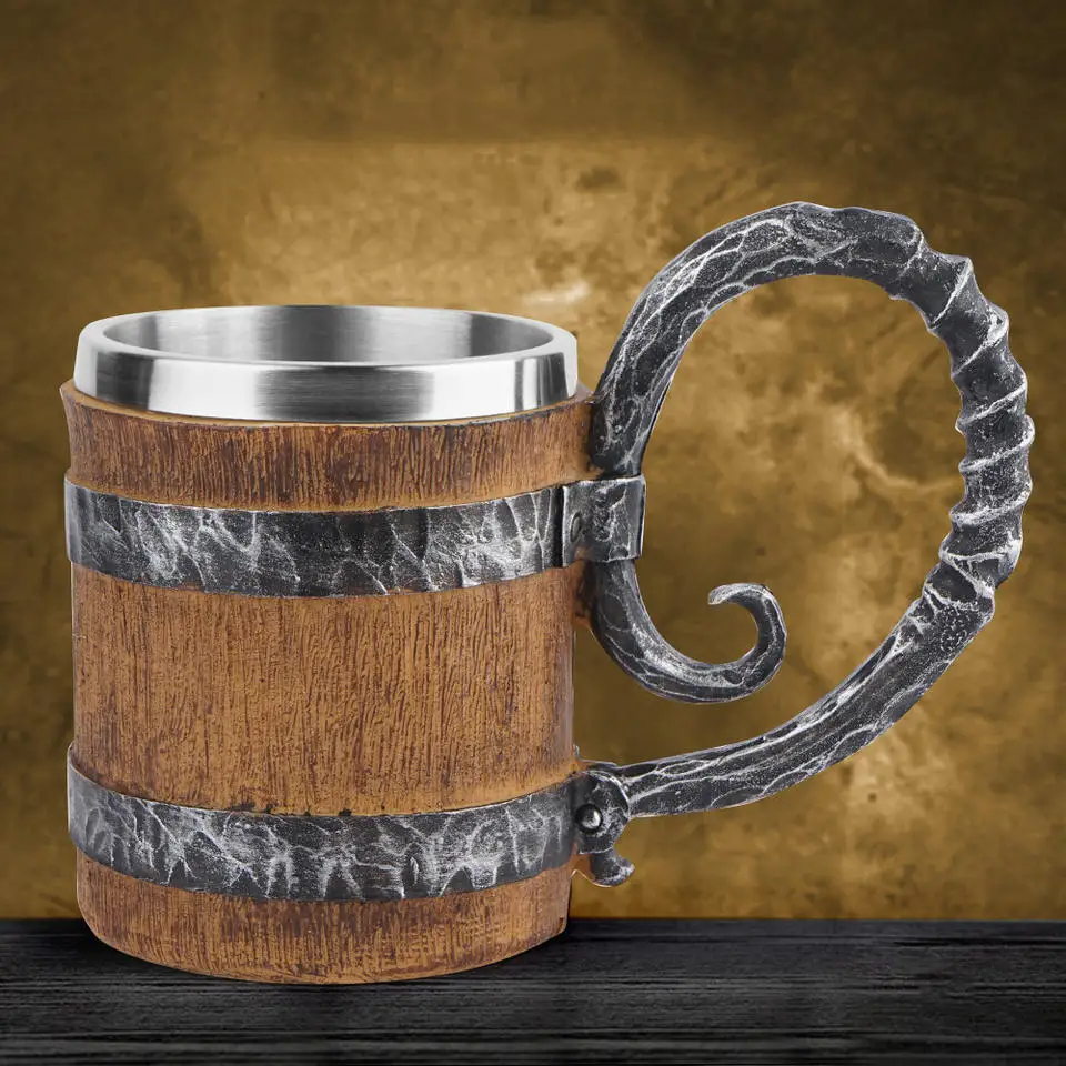 Vikings Vintage Style Wooden Barrel Beer Mug Double Walled Drinking Cup Big Stainless Steel Beer Mug
