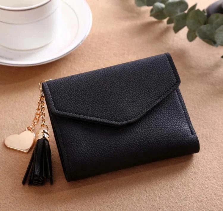 custom logo pink ladies heart pendant leather foldable card bags tassel women purse short wallet