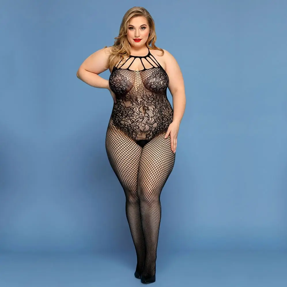 Wholesale Hot Selling Large Plus Size Nylon Lace Flower Lingerie Sexy Fishnet Bodystockings Dress Fishnet Body Stockings