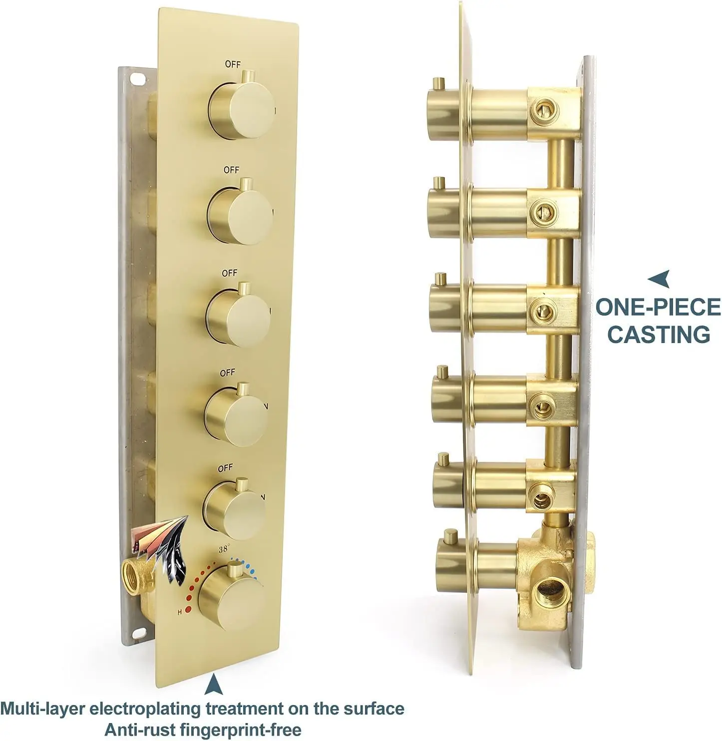 Thermostatic Full Body Shower System with High-Pressure Handheld Sprayer Brushed Gold Adjustable Large Body Jet