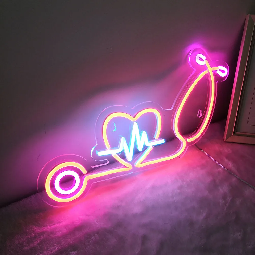 Listen to Your Heart Neon Sign For Home Decoration Custom drawing Stethoscope Heart Beat Sign Wall Art color neon sign heart