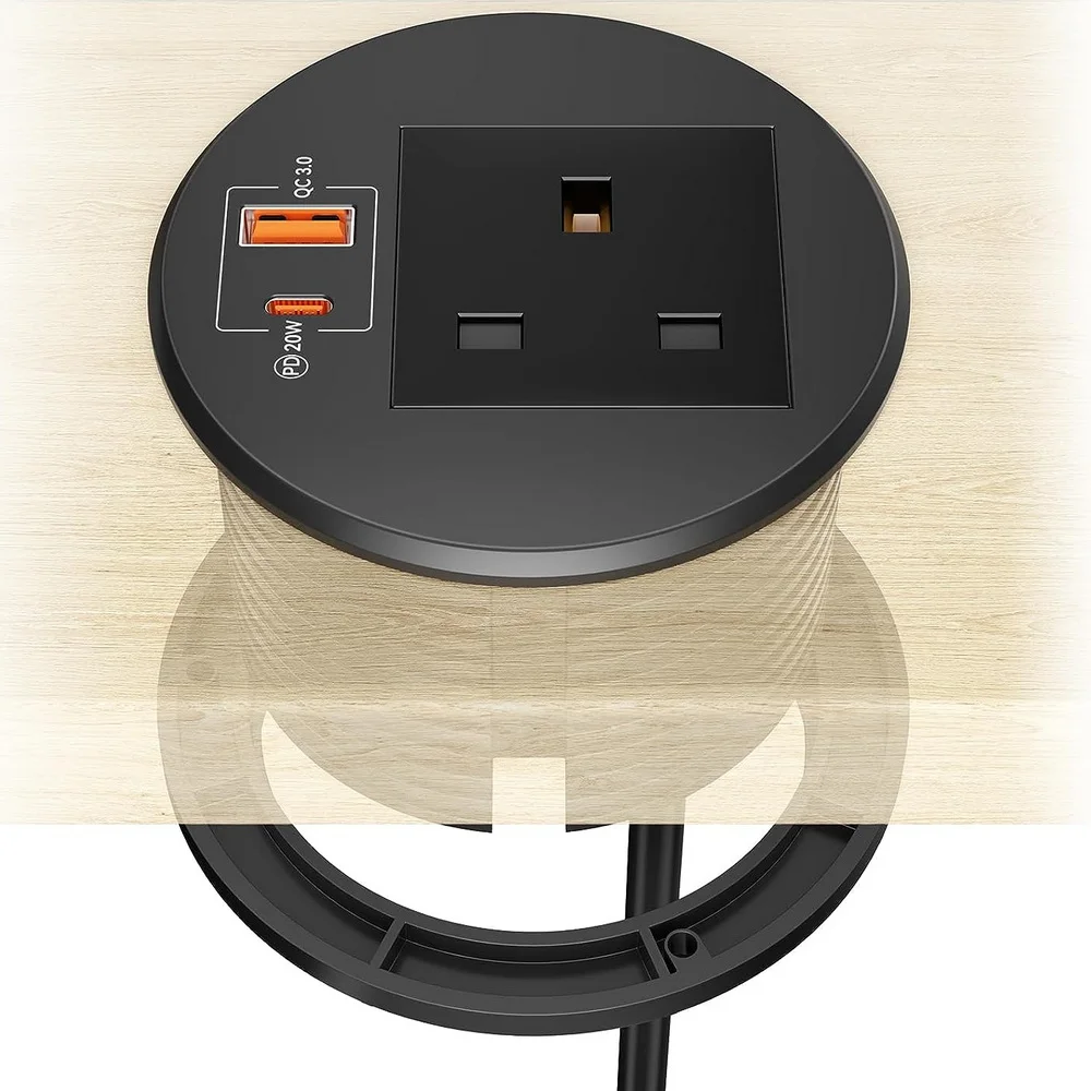 Smart 80mm UK plug recessed mounted smart round grommet socket for desk with 1AC power outlet 20W USB-C fast charger