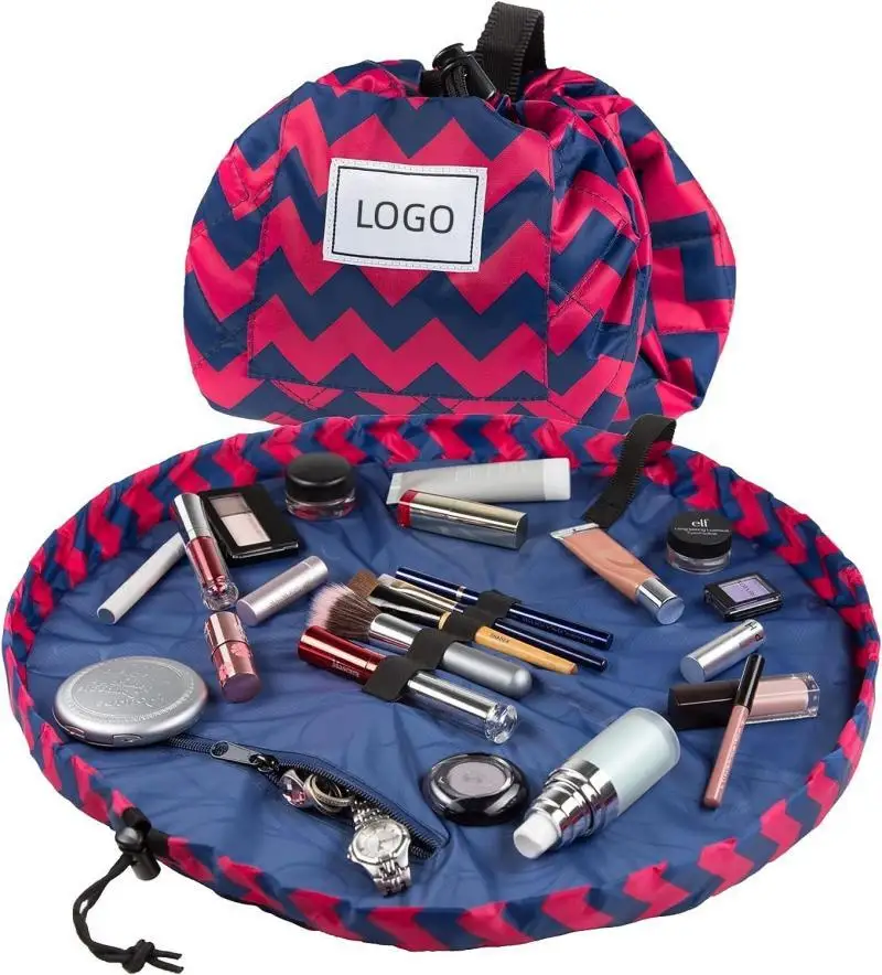 Custom polyester waterproof travel lazy storage drawstring makeup bag custom size color portable large capacity makeup bag