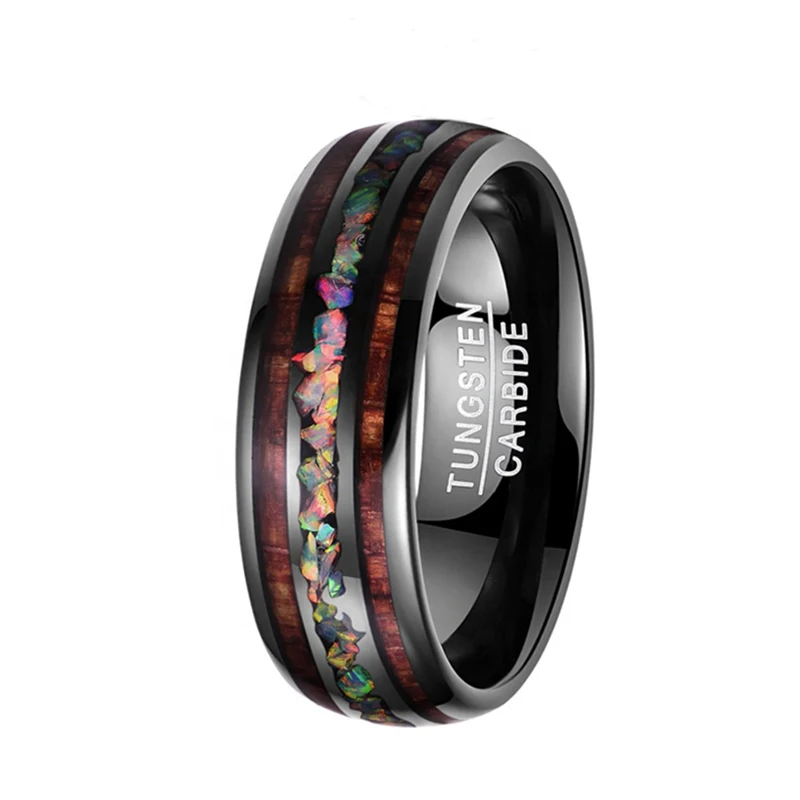 
Luxury Hawaii Koa Wood and Crushed Fire Opal Inlay Domed Black Tungsten Wedding Ring for Men Women 