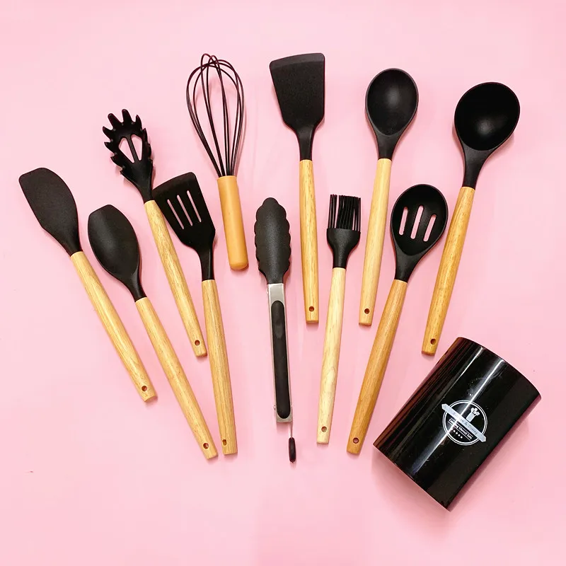 BPA Free Spoon Spatula Small Silicone Cooking Tools 12 Pieces Kitchen Utensils Set With Wooden Handle