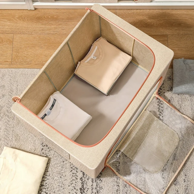 JILEN- Large capacity clothes quilt storage box, high-grade linen transparent window with zipper storage box
